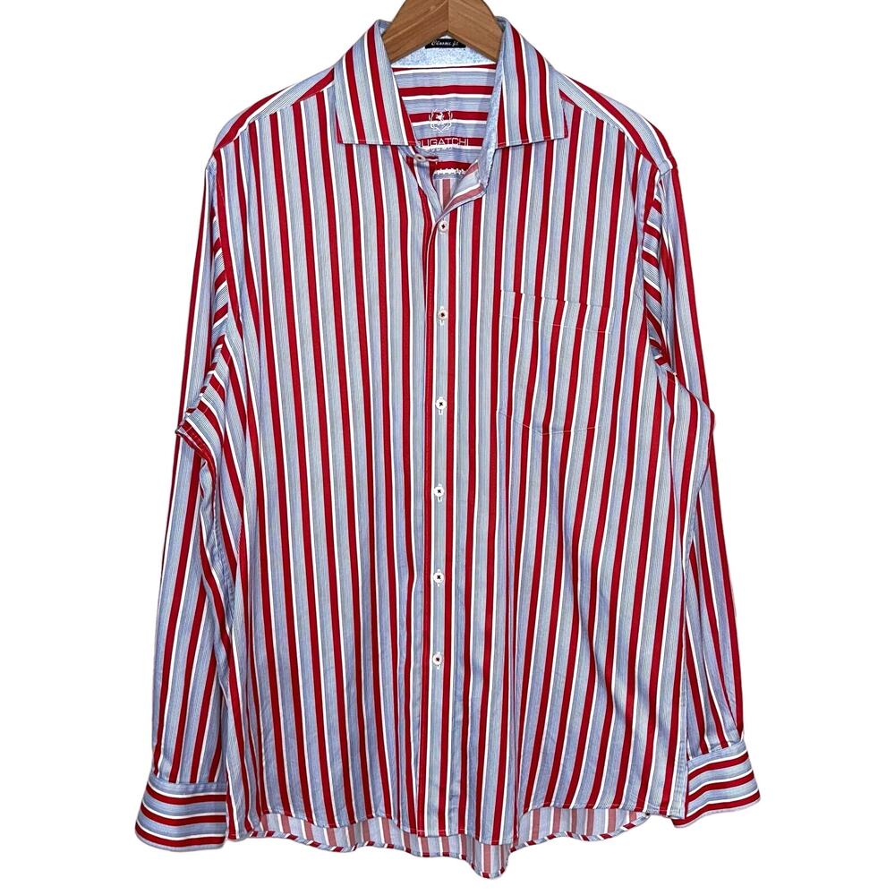 Bugatchi Blue Red Striped Classic Fit Cotton Button Up Shirt Size Large